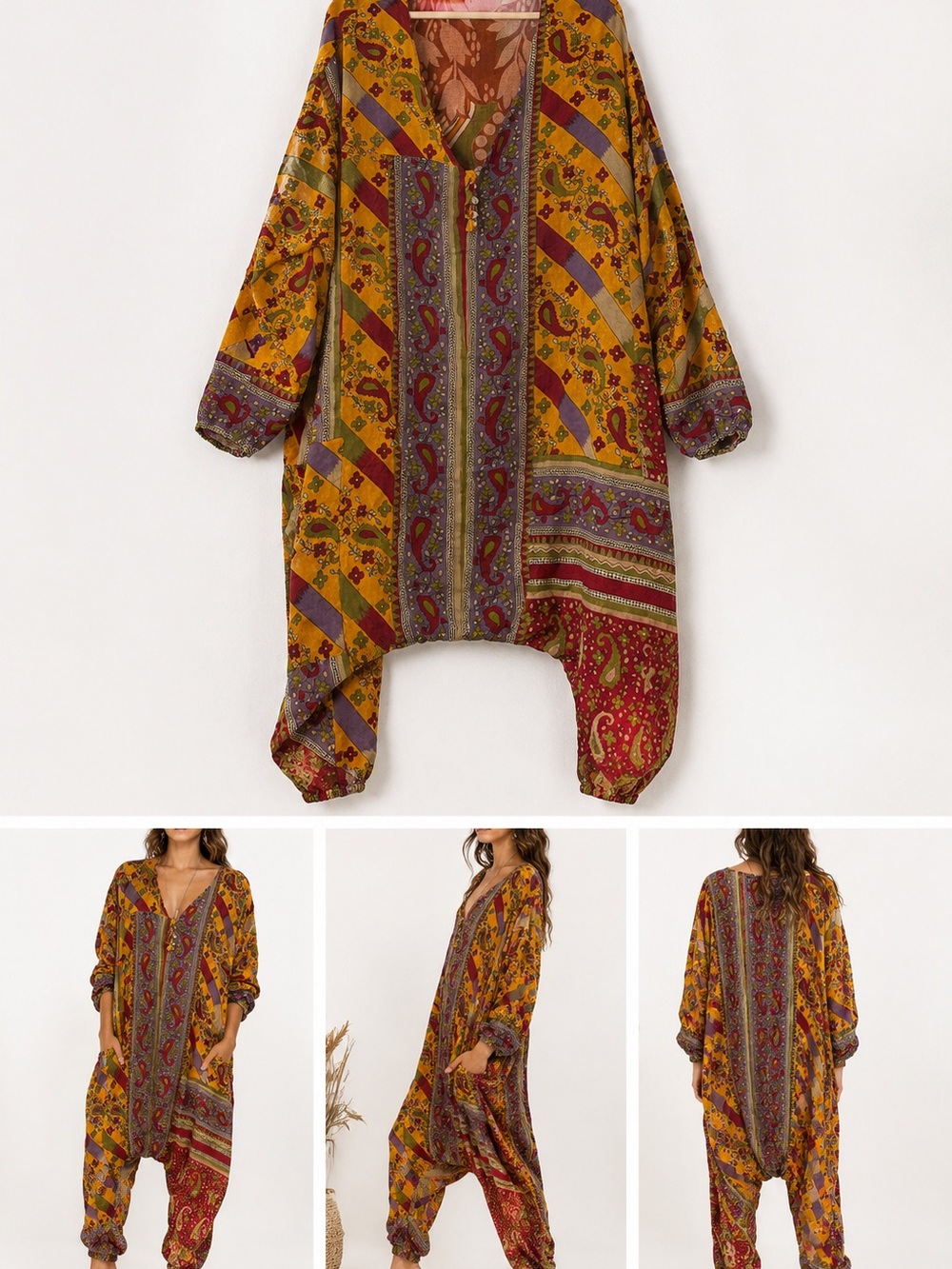 Kantha Bae Reversible Boho Drop Crotch Jumpsuit Patchwork - Picture 2 of 6
